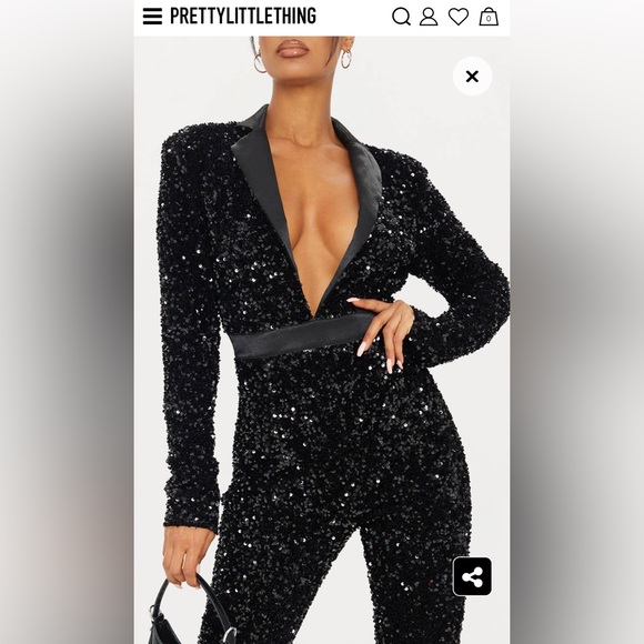 PrettyLittleThing Black Velvet Sequin Plunge Front Tailored Jumpsuit - Picture 1 of 6